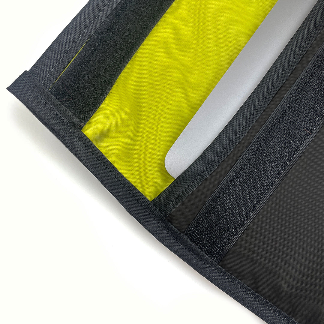 Detail of laptop sleeve showing flap and velcro