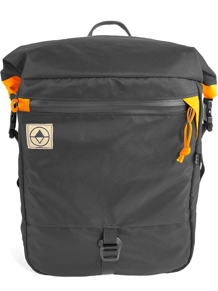 Front view of Adventure Macro Pannier in black and orange - North St Bags
