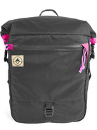 Front view of Adventure Macro Pannier in black and hot ponk - North St Bags