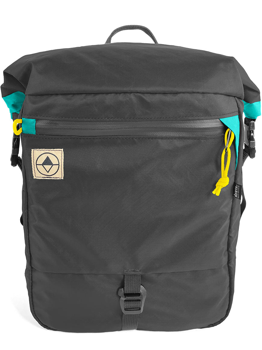 Front view of Adventure Macro Pannier in black and teal - North St Bags