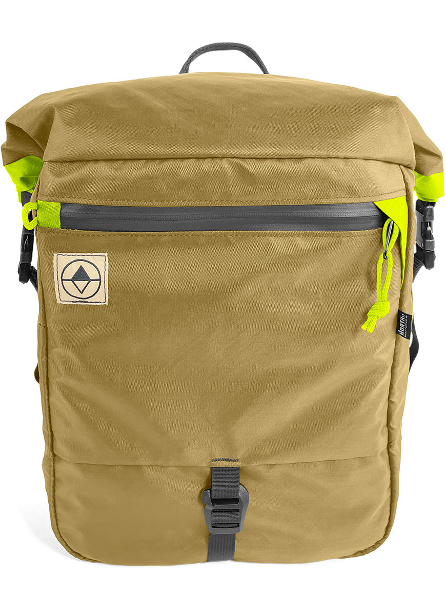 Front view of Adventure Macro Pannier in coyote and yellow - North St Bags