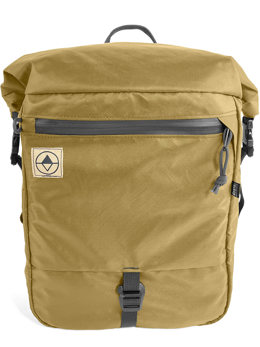 Front view of Adventure Macro Pannier in coyote - North St Bags