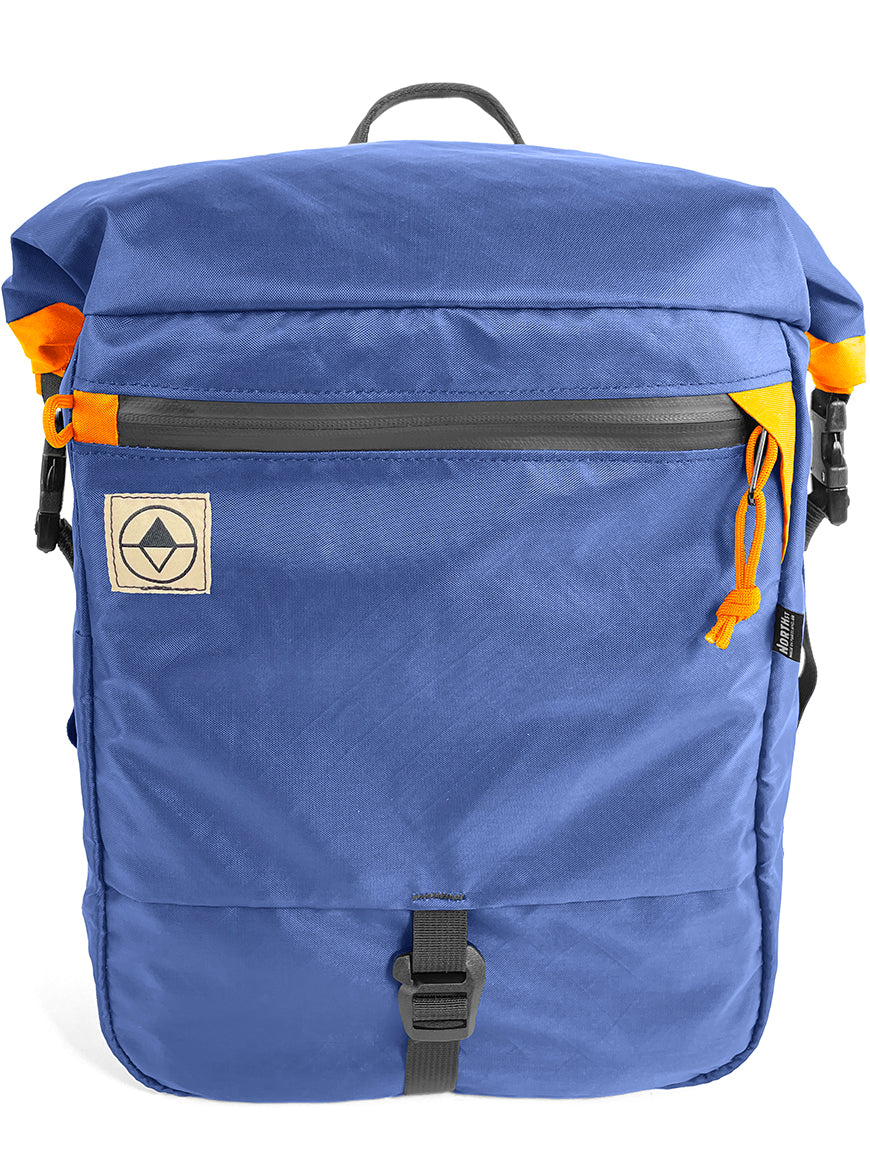 Front view of Adventure Macro Pannier in ocean blue and yellow - North St Bags