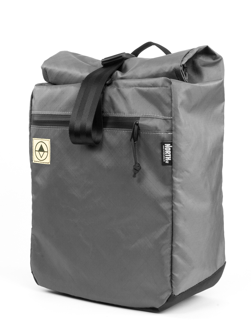 Front view of Commuter Macro Pannier in gray - North St. Bags