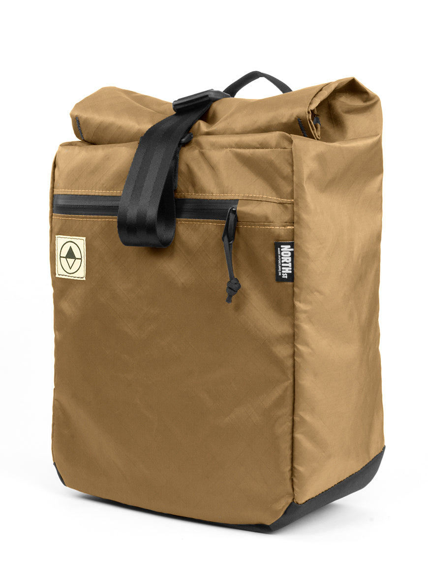 Front view of Commuter Macro Pannier in coyote - North St. Bags