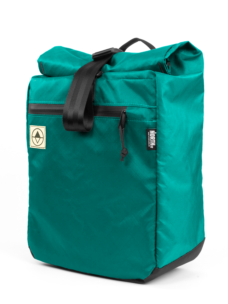 Front view of Commuter Macro Pannier in teal - North St. Bags