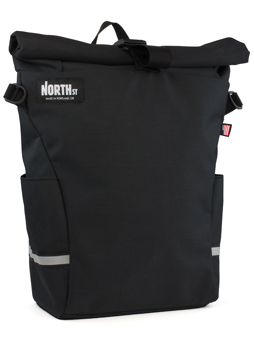 Front view of Route Pannier 24L in black - North St. Bags 