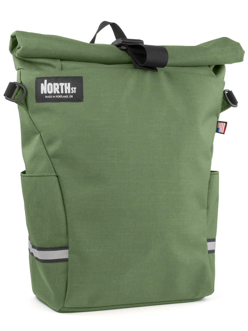 Front view of Route Pannier 24L in moss - North St. Bags 