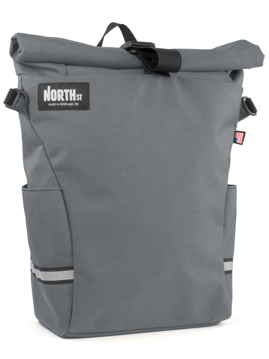 Front view of Route Pannier 24L in gray - North St. Bags 