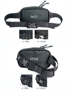 Black waist bag with belt and sling options on a white background. all-groups