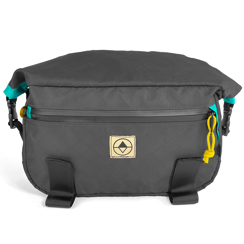 Front view of Roll-Top Trunk Bag in EPX Black and Teal - North St. Bags