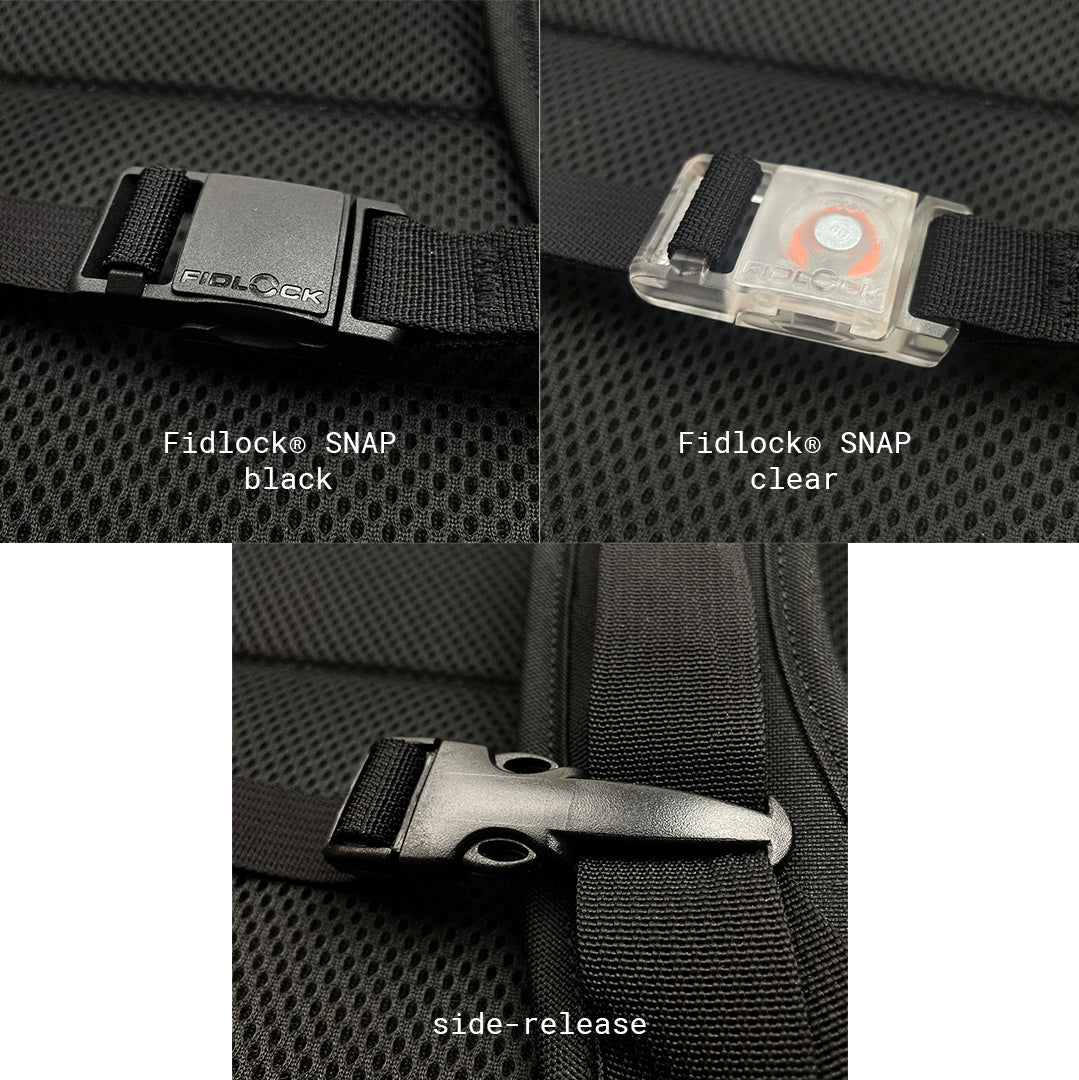 Detail view comparing different buckle styles for the sternum strap.