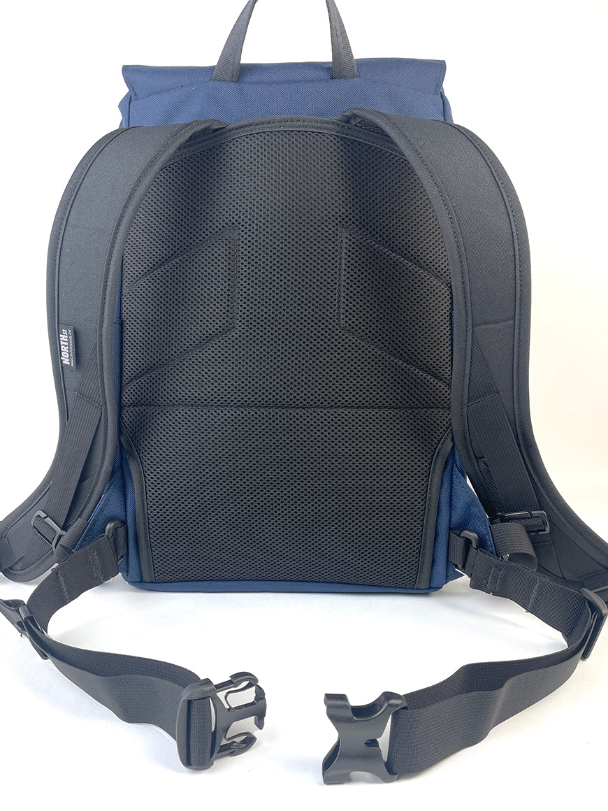 Back view of backpack with Removable Waist Belt installed using clips. - North St. Bags