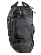 A black travel backpack with multiple compression straps, zipper compartments, and pockets, shown against a plain white background.