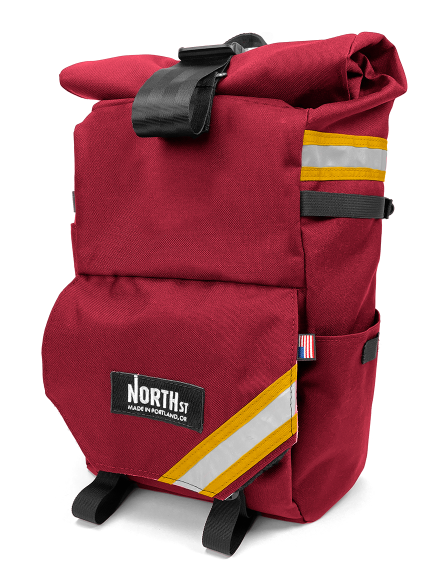 front view of woodward backpack pannier in burgundy and gold - North St Bags