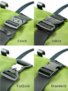 Four types of closure buckles  labeled 'Cinch', 'Cobra', 'Fidlock', and 'Standard' on a green green bag. all-groups