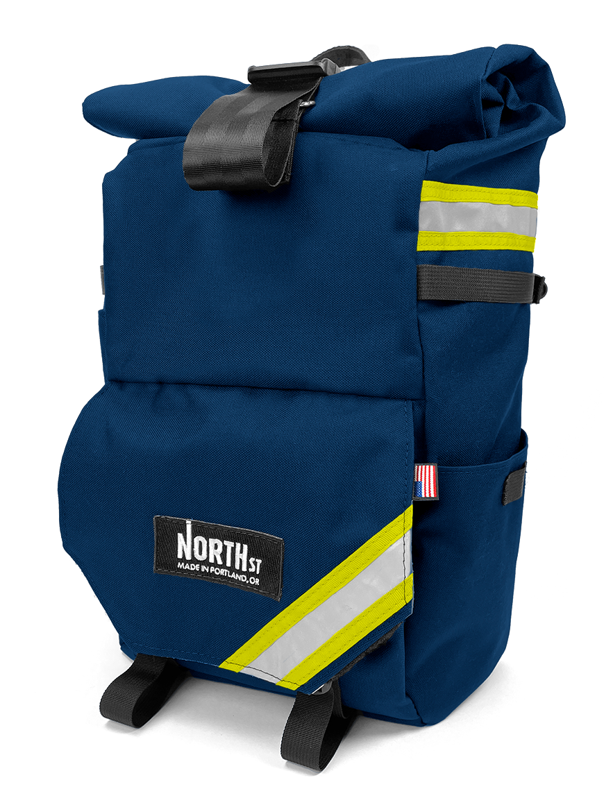 front view of woodward backpack pannier in midnight blue and yellow - North St Bags