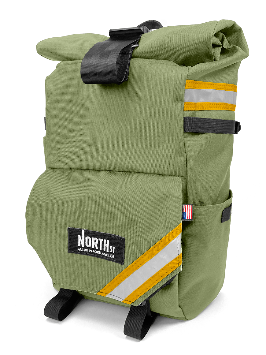 front view of woodward backpack pannier in moss and gold - North St Bags