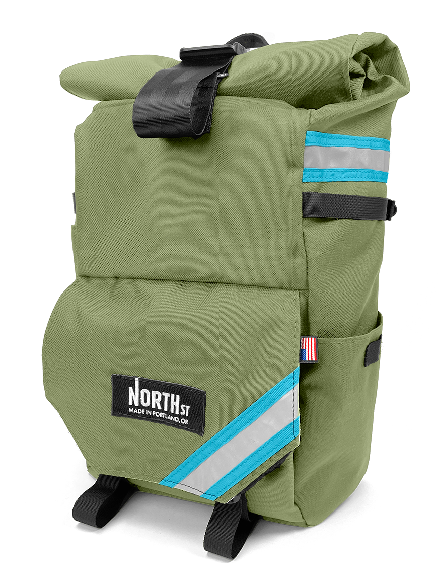 front view of woodward backpack pannier in moss and blue - North St Bags