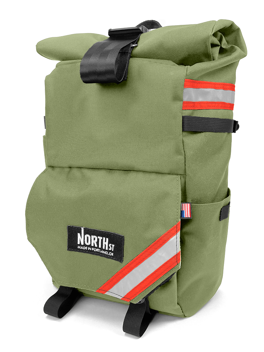 front view of woodward backpack pannier in moss and red - North St Bags