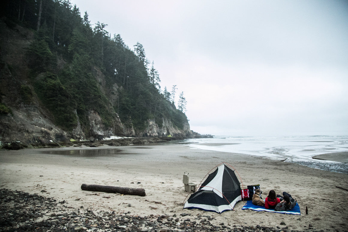 OR cost beach with a couple camping with their dog.  - North St. Bags all-groups