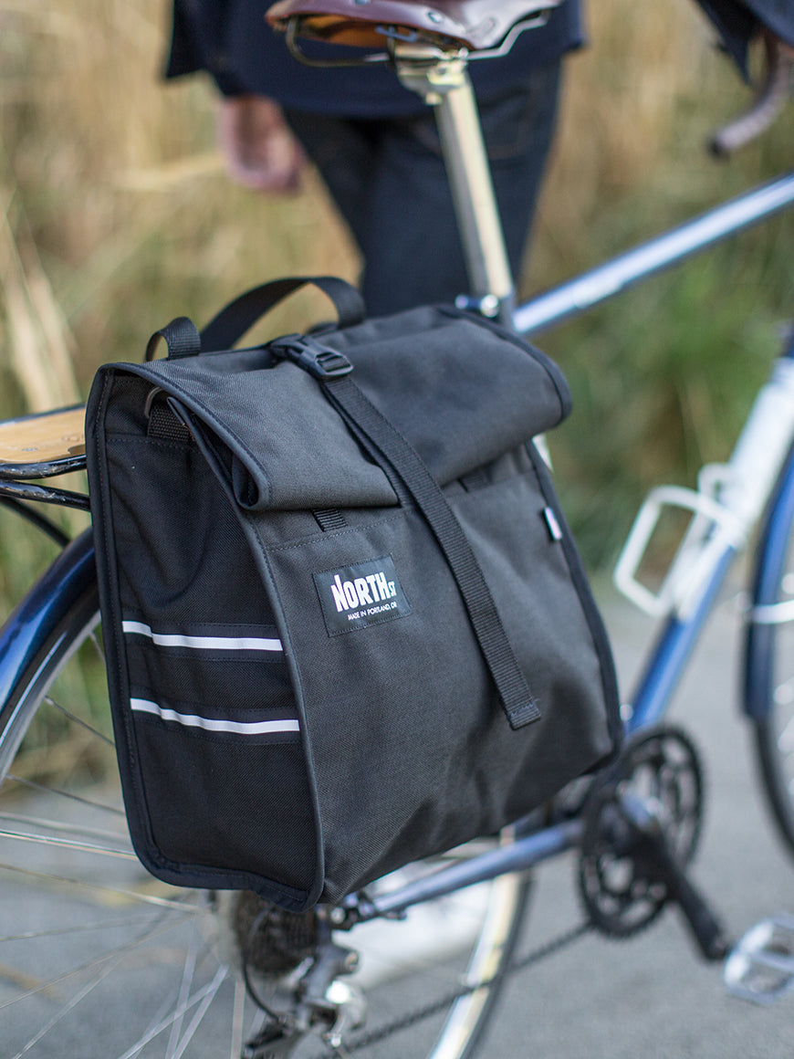 Black grocery pannier mounted to bicycle. - North St. Bags all-groups