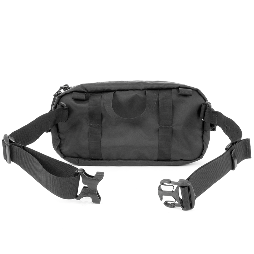 Back view of Pioneer 12 Hip Pack with waist belt attached using modular clips. - North St. Bags all-groups