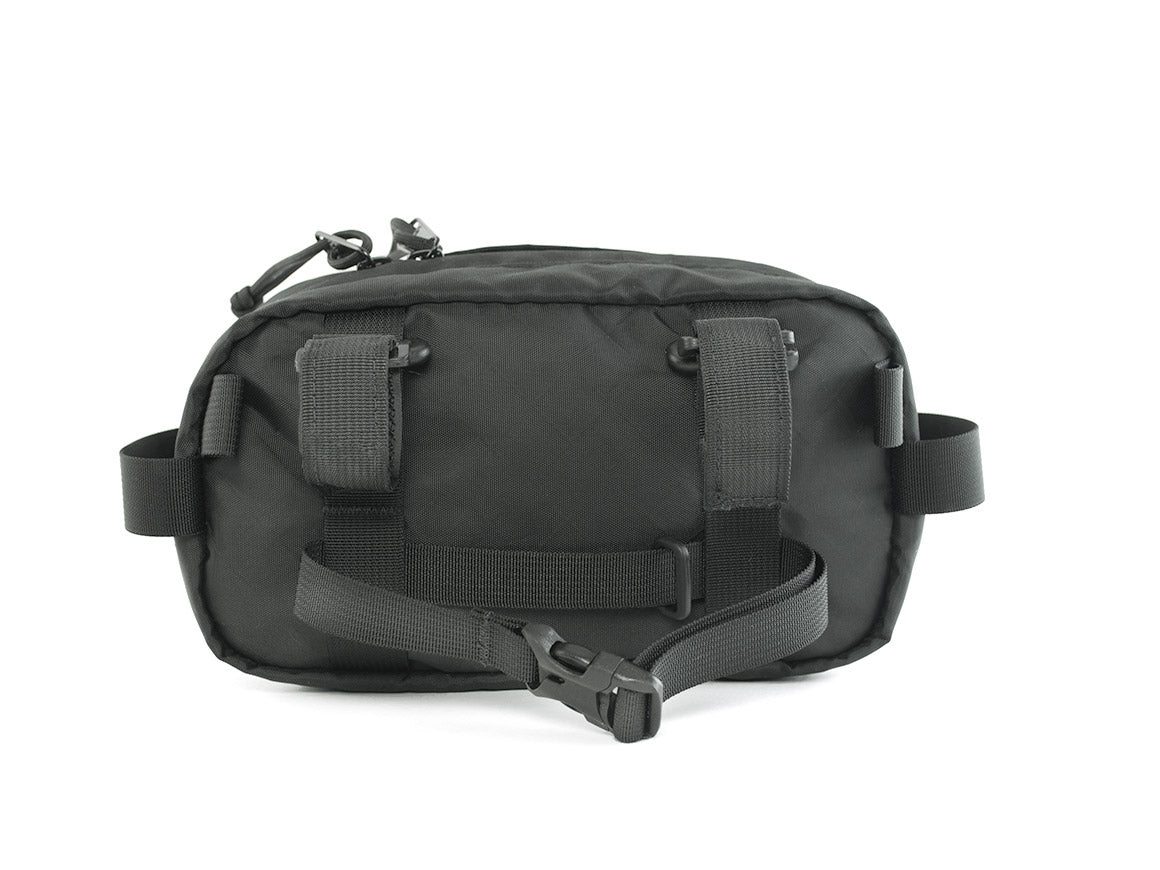 Back view of Pioneer 9 Handlebar Pack showing hook and loop straps- North St. Bags all-groups